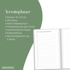 Texte: "Terminplaner", Spezifikationen des Terminplaners. Links grüner Hintergrund, rechts geöffneter Planer.