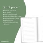 „Terminplaner: Format 10x15 cm, 136 Seiten, feine Tiefprägung, naturbelassenes Papier, Fadenheftung, Wochenübersicht.“ Links grüner Hintergrund, rechts ein geöffnetes Notizbuch mit To-Do-Liste.