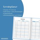 „Terminplaner“ mit Infos: Format 17x21,5 cm, 200 Seiten, Stickerbogen, Fadenheftung, Wochenübersicht auf 2 Seiten. Darunter geöffneter Stundenplan.