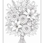 Eine filigrane Illustration zeigt einen üppigen Blumenstrauß mit verschiedenen Blüten und Blättern, kunstvoll arrangiert.