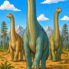 Kein Text ersichtlich. Drei große Dinosaurier laufen auf einen zu. Berge und Bäume im Hintergrund. Klarer Himmel mit Wolken.