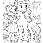 Ein Mädchen umarmt ein freundliches Einhorn, umgeben von Natur und einem Wasserfall. Eine kindliche, fröhliche Illustration.