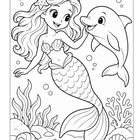 Eine Illustration zeigt eine lächelnde Meerjungfrau neben einem fröhlichen Delfin, umgeben von Meerespflanzen und Muscheln.