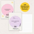 Jede Kalenderseite mit linierter Rückseite. 08. Februar: Erledige die 3. Sache von deiner Glücksliste. 03. August: Ich lerne mich jeden Tag besser kennen.
