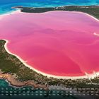 „Lake Hillier, Australien 3“. Kalenderansicht unten. Rosa See, umgeben von grünem Wald und blauem Meer.