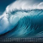 Kalender: Zahlen von 1 bis 31 in Reihen. Großes Bild einer tosenden Welle im Hintergrund, blau und weiß schäumend.