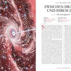 Zwischen Drachen und ihrem Zorn. Die ersten Quasare. Universum, Astronomische Objekte, Welten mit Leben. Illustration: Ein heller Strudel im Weltraum mit leuchtenden Details und funkelnden Sternen auf rotem Hintergrund.
