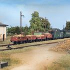 Mehrere Güterwaggons mit Kartoffeln und Personenwagen auf einer Modellbahnanlage, neben einem Gebäude mit Bäumen im Hintergrund.