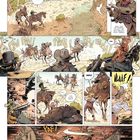 Comic-Illustration: Westernszene mit bewaffneter Reitergruppe. Textrufe wie "VERFLUCHT" und "NEIN!!" begleiten das Geschehen.