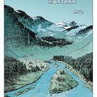 Text: "Montana 1970". Illustration einer Flusslandschaft mit Bergen im Hintergrund und schneebedeckten Gipfeln.
