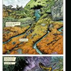 Comic-Stil: Eine Landschaft mit Bergen, Fluss und Vegetation. Ein Fabelwesen liegt im Vordergrund einer farbenfrohen Szenerie.