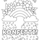 „Heute regnet es KONFETTI!“ steht über einer Illustration mit Regenbogen, Blumen und herabfallendem Konfetti.