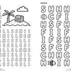 "Insel 14x" links, "Fisch 8x" rechts, beide mit Wortsuchrätseln, links Insel mit Palme und Truhe, rechts Fische.