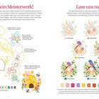 Texte: "Erstelle dein Meisterwerk!", "Lass uns malen!" 

Links: Biene, Blumen, Hexagone. Rechts: Vogel, Haus, Farbpalette.