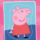 Illustration eines fröhlichen rosa Schweinchens im roten Kleid, zwinkernd, auf blauem Hintergrund mit gepunktetem Muster.