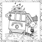 "MARKET STREET" auf einem Straßenbahn-Wagen. Ein Hund schaut raus, ein Junge hängt daran, mit Noten oben.