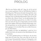 Text „PROLOG“ in großer Schrift. Geschichte über Cafébesuche, Nostalgie und die Auswahl von Kuchen. Seite 9.
