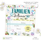"Familien Planer 2027" steht oben. Darunter ein Kalender mit Spalten. Bunte Verzierungen mit Blumen, Geschenken und Luftballons.