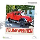 Wandkalender für Feuerwehr-Fans, 2027. Roter Oldtimer-Feuerwehrwagen, Bäume im Hintergrund. Größe: 30 x 30 cm.