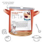 Eierkuchen mit Kirschen und Erdbeeren; Zutaten und Zubereitung beschrieben. Zeichnung: Koch mit Schneidebrett.