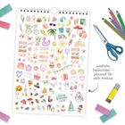 "Niedliche Dekosticker - passend für viele Anlässe." Verschiedene bunte Sticker wie Flamingos, Eis, Blumen und Sonnen.