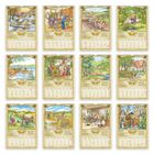 Kalender mit Monatsnamen: Januar bis Dezember. Jede Seite zeigt ländliche Szenen passend zur Jahreszeit.