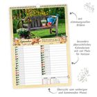 "September", „Warum denn warten von Tag zu Tag? Es blüht im Garten, was blühen mag.“ Kalender mit Gartenbank.