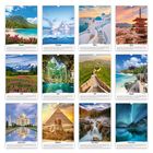 Januar bis Dezember, Kalender. Landschaften: Strand, Eisberg, Meerblick, Tempel, Gebirge, Wasserfall, Mauer, Felsen, Pyramide, Wasserfall, Polarlicht.