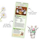 Texte: "mit Rezepten und vielen Tipps auf der Rückseite", "mit lustigen Cartoons und Sprüchen". Illustration mit Cartoon und Rezept.