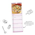 Text: "übersichtliches Kalendarium mit viel Platz für Erinnerungen und Notizen". Sichtbarer Wandkalender mit Gericht.