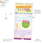 „UNSER TERMINPLANER FARBEN 2027“, 3 Spalten, extrabreit, Notizbereich, Größe: 20 x 42 cm. Farbig gestaltet mit Schmetterlingen.
