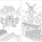 Zeichnung im Pixelstil: Links Brunnen mit Figuren und Häusern, rechts eine Windmühle, Tiere und Figuren auf Feldern.