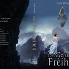 Ein Cover eines Buches: „Das Gefühl der Freiheit“ von April Wynter. Eine Frau in blauem Kleid vor schwebender Insel und Drache.