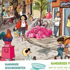 „Hamburger Besonderheiten“ und „Hamburger Viertel“ sind Überschriften. Menschen in lebhaftem Stadtviertel, bunte Details.