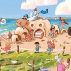 Text: "Schutz Düne". Kinder spielen, Erwachsene entspannen in einer Strandlandschaft mit Sandburg, Meer und Traktor.