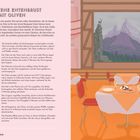 "Gebratene Entenbrust mit Oliven." Rezept für 4 Personen. Anweisung beschreibt Zubereitung von Entenbrust in 8 Schritten. Rechts: Illustration eines Restaurants mit Bergbild im Hintergrund.