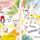 KWIH, KWIH, KWIH, Klopf Klopf Klopf, Tack Tack Tack, CHAOS! Piep Piep, Zwitschern, Fiep Fiep Fiep. Bunte Illustration von Vögeln.