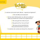 Text "Schätz mal!": 7 Disney-Fragen. Unten Felder für "Name" und "Punkte". Rechts eine Illustration einer bekannten Holzpuppe.