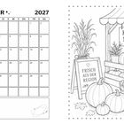 Text: „OKTOBER 2027“, „KÜRBIS MARKT“, „FRISCH AUS DER REGION“, „NOTIZEN“. Kalender, Kürbisse, Maiskolben.