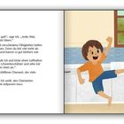 Links steht ein Text über ADHS, Ideen und Fähigkeiten. Rechts ist eine Illustration eines fröhlichen Kindes mit Ballon in der Küche.