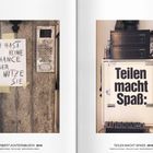 Links: "DU HAST KEINE CHANCE ABER NUTZE SIE" an Wand. Rechts: "Teilen macht Spaß:" auf Schranktür.