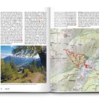 Links Fließtext über Wanderwege. Mitte unten Bild: Berghütte mit Talblick. Rechts Karte mit rot markiertem Wanderweg.