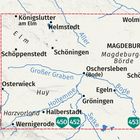 Texte: Magdeburg, Helmstedt, Schöningen. Karte mit Orten und Flüssen, umrahmt von einer roten Linie.