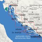 Karte des Adriatischen Meeres mit Städtenamen, z.B. Rijeka, Split, Dubrovnik; rot gestrichelte Grenzen.