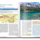 Titel: "Hütten Almen und beste Aussichten". Text beschreibt E-Bike-Tour von Garmisch-Partenkirchen über Mittenwald mit Karte.