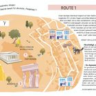 "Athen", Route 1, Parthenon, Akropolis. Illustration einer Stadtkarte mit Gebäuden, Bäumen und Katzen.