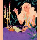 Text: "Ein Geschenk an sich selbst". Illustration: Frau mit langen Haaren, hält eine Kristallkugel, umgeben von Kerzen, Pflanzen und Tarotkarten.