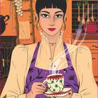 Text: "DIE KÜCHENHEXE". Illustration: Frau mit Hochsteckfrisur, hält eine Tasse vor einer Küche voller Kräuter und Gewürze.