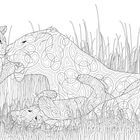 Eine detaillierte Illustration im Gras mit drei stilisierten, ornamentverzierten Löwen.