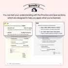 "Benefit 2" oben, darunter Quiz- und Übungsanleitungen zum Sprachenlernen. Illustration eines lächelnden Charakters mit Hut.